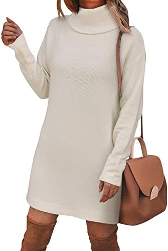 BTFBM Women's Turtleneck Long Sleeve Sweater Dress Side Slit Hem Fall Winter Oversized Casual Knit Pullover Sweaters Tops (Solid Apricot, Medium)