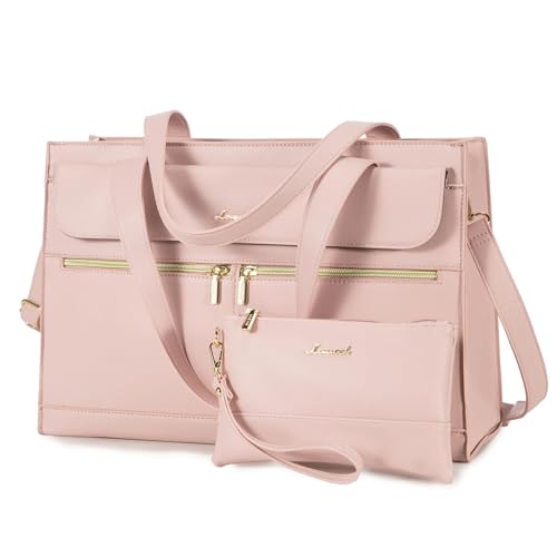 LOVEVOOK Laptop Tote Bags for Women 15.6 Inch Ladies Stylish PU Leather Handbags with Laptop Compartment Large Designer Office Shoulder Bag Womens for Work School Business Shopping Pink