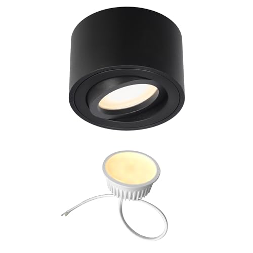 EDO Rond Spot LED de Plafond Noir ZALDA OV Lampe de Plafond Extra Plat & Pivotant, Spot LED en Saillie Orientable avec 4,8W 3000K Blanc Chaud 500lm 230V - Ø80*50mm, Plafonnier en Aluminium