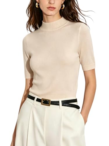 Image of Women Mock Neck Short Sleeve Knit Top All-Season Light Sweater
