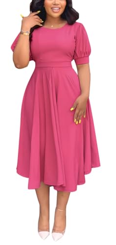Image of Summer Dresses for Women Semi-Formal Fit Casual Slim Short Puff Sleeve O-Neck Elegant Swing A Line Maxi Dresses