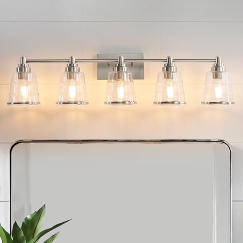 Image of Brushed Nickel Bathroom Vanity Light Fixture, 5 Light Bathroom Light Fixtures Over Mirror with Clear lampshade and Metal Base Sconce, 37 inch Modern Vanity Light for Bathroom(Exclude E26 Bulb)