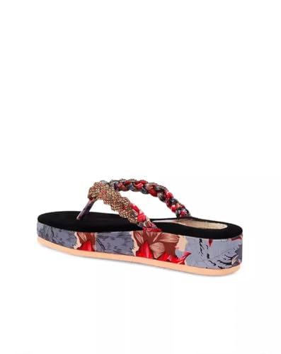 Image of ZAPATOZ Women's Floral Platform Sandals with Braided Gold Embellishment, Black Velvet Thong Slippers, Printed Sole Design