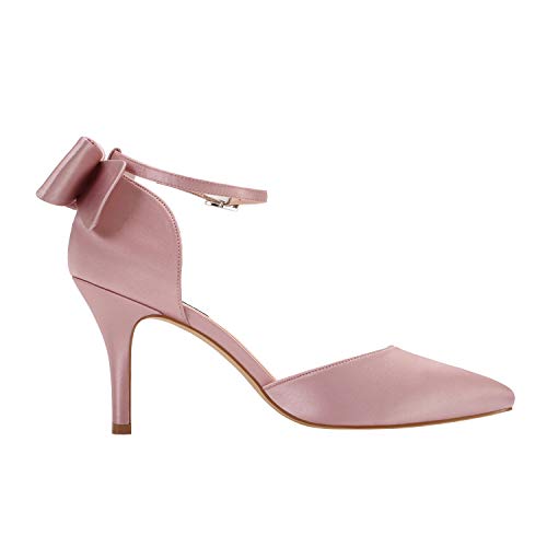 Image of ERIJUNOR Wedding Evening Party Shoes Comfortable Mid Heels Pumps with Bow Knot Ankle Strap Wide Width Satin Shoes