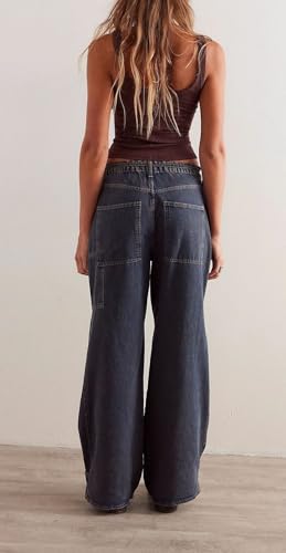 CHARTOU Women Patchwork Denim Wide Leg Pants Tie Front Drawstring Floor Length Straight Baggy Boyfriend Jeans with Pockets4