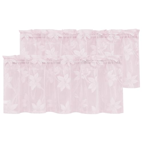 DWCN 2 Pack White Floral Lace Valances for Kitchen - Rod Pocket Half Window Sheer Curtains for Small Window Living Room Cafe, 42 x 18 inch, Sakura Pink
