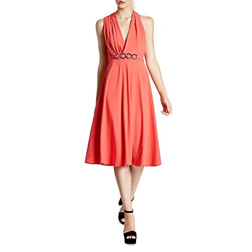 Halston Heritage Women's Sleeveless V Neck Dress with Draped Asymmetric Back and H.W Detail, Coral, 6