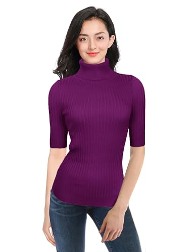 Image of v28 Women Turtleneck 1 /2 Half Sleeve Highly Stretchy Ribbed Knit Fitted Sweater