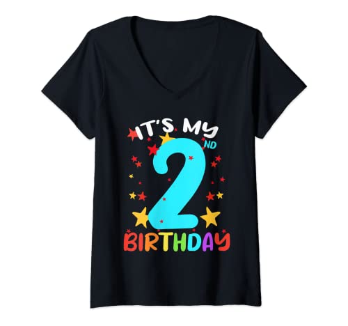 Donna 2° compleanno Shirt It's My 2nd Birthday 2 Year Old Boy Girl Maglietta con Collo a V