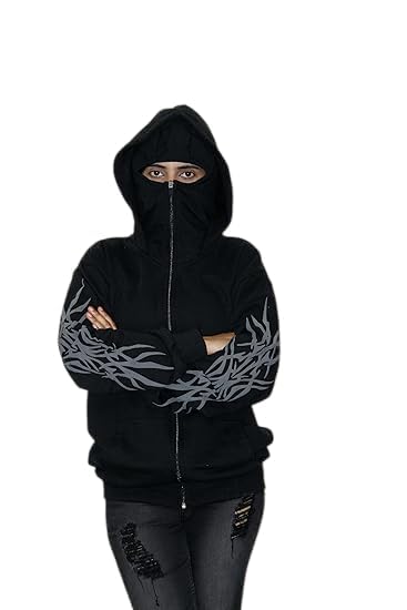 EXOTIX Unisex Black Balaclava Hoodie | Full Sleeve Zip-Up Sweatshirt with Face Cover | Graphic Back Print Travel Casual Comfortable Streetwear Winter Hoodie for Men and Women-image-42