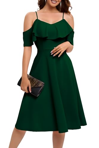 Bbonlinedress Herbstkleid Damen lang Cocktailkleid Schulterfrei Brautjungfernkleider elegant Partykleid festliches Trägerkleid mit Rüschen Dark Green 3XL