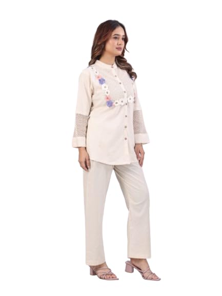 2 Piece Off White Corset Co-ord Set with Short Top & Pant | Elegant Neck and Hand Flower Work Designer Outfit-image-27