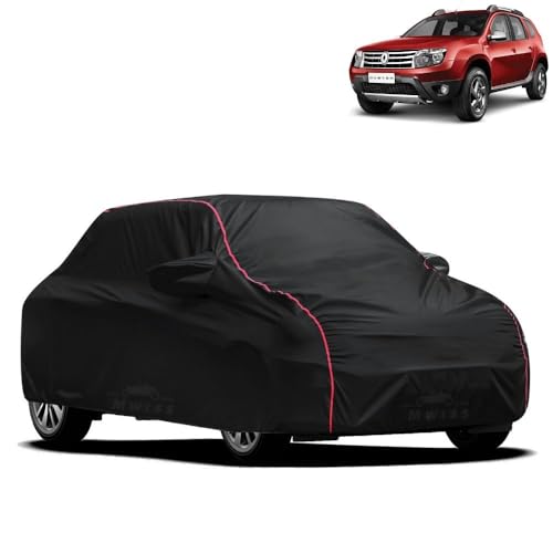 Image of Waterproof Car Cover for Renault Duster | All-Weather Protection, Dustproof & UV Resistant | Triple Stitched Mirror Pockets, Windproof Buckle Strap with Elastic Hem, Black-Red Piping
