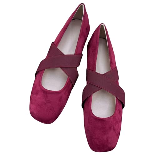 WENJIAZHIZHI Women's Square Toe Flats Lightweight Flat Shoes Dressy Ballerina Flats Cross Ankle Strap Shoes