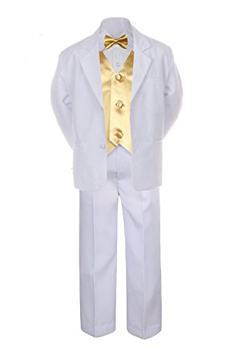 7pc Mustard Vest Bow Tie Boy Baby Toddler Kid White Formal Suit Tuxedo S-20 (Medium (6-12 Months))