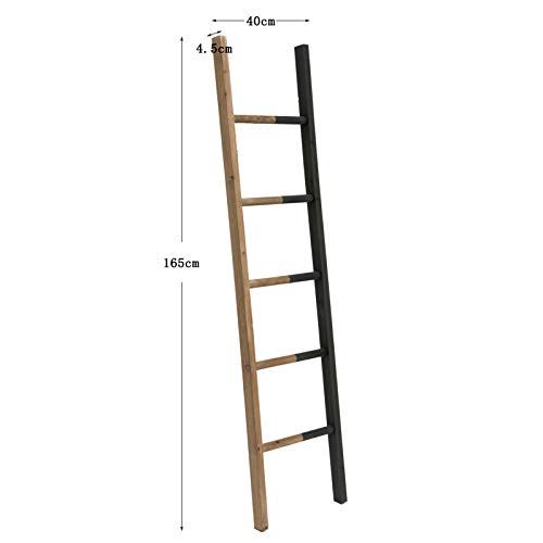 FUIN 5.4 Ft Wood Wall Leaning Decorative Ladder Shelf Rack, for Blanket Quilt Towel Throws Scarves Storage, Modern Farmhouse Bathroom Bedroom, Black and Natural
