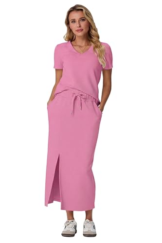 Image of GRECERELLE Women Summer Casual 2 Piece Sets V-Neck Wrinkle-Free Top & Elastic Waist Midi Side Slit Skirt with Pockets