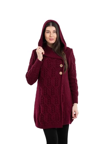 SAOL Mantel mit Schalkragen, 100% Merinowolle, Aran-Blatt, mit Knöpfen für Damen,Wein