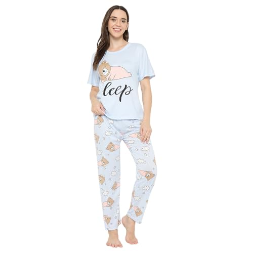 Image of CAMEY Women's Printed Pyjama Set, Short Sleeve T-Shirt and Trousers, Women Nightsuit, Loungewear Sets
