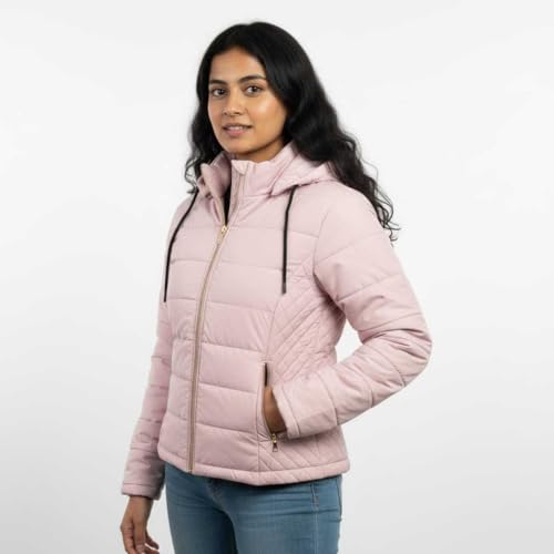 Image of Women's Nylon Puffer Jacket for Winter | Lightweight Warm Quilted Outerwear with Hood | Front Zipper Closure & Secure Pockets | Wind-Resistant Casual Jacket for Women