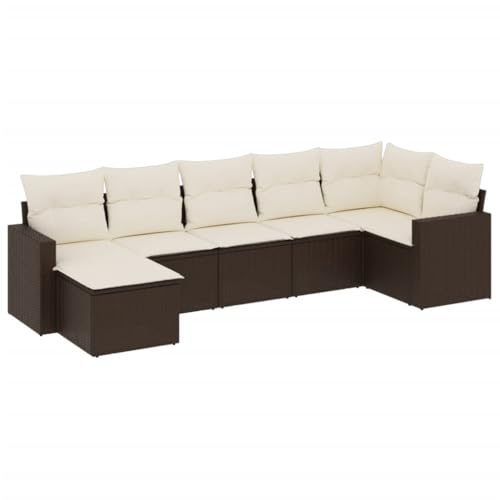 vidaXL Garten Sofa Garnitur 7-TLG., Gartenmöbel Set mit Kissen, Sitzgruppe für Garten Terrasse, Modular Gartensofa Hocker Lounge, Braun Poly Rattan
