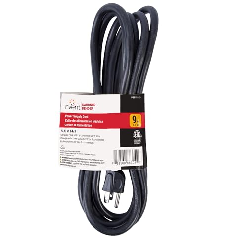 Image of nVent Gardner Bender PS915143 9 ft 14 /3 SJTW Replacement Power Cord, 15 Amp 125V Appliance Cord, 3-Prong Grounded Plug, Heavy Duty Outdoor Rated Black (Formerly: Bergen)