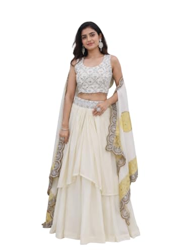 Women's Crepe Silk Mirror Work Embroidery Lehenga Blouse Dupatta 3 Piece Set Festive Wedding Ready to Wear (D, 44)