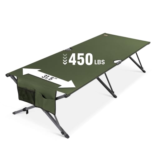 HOMECALL 31.5 Heavy Duty Camping Cot for Adults 450 lbs Capacity Supports Up to 6.9ft Military Folding Portable Cot with Carry Bag for Camping Travel Guest & Emergency Use Army Green