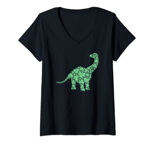 Mujer Dinosaurio de trébol Brontosaurus para el día de San Patricio para niños Camiseta Cuello V