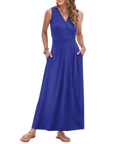 Image of AUSELILY Womens Maxi Dress Summer Sleeveless Wrap Long Dresses with Pockets | V-Neck Wrap Sleeveless Sundress, fits formal, casual, beach, vacation & daily wear