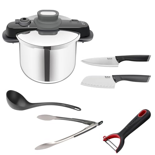 Consejos para Comprar Olla express tefal los 5 mejores. 46 T-fal Súper Combo Premium con Olla a presión de Acero Compact Easy 6L + Set de dos cuchillos + Cucharón + Pinzas de cocina + Pelador, P3530733M