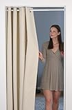 tinycurtains, Türvorhang mit Teleskopstange, einfache Montage in nur 1 Minute ohne Bohren, für alle gängigen Türgrößen (Türvorhang beige + Stange weiß, Türbreite 70-120cm)