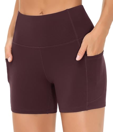 Image of THE GYM PEOPLE High Waist Yoga Shorts for Women's Tummy Control Fitness Athletic Workout Running Shorts with Deep Pockets