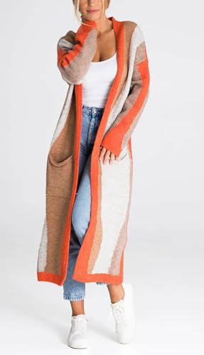 chouyatou Women's Fall Open Front Color Block Long Cardigan Sweater Coat Casual Vertical Striped Coatigan3