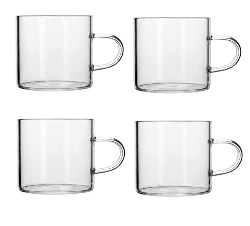 Image of IndusBay Pack of 4, Borosilicate Glass Tea Cups 130 ml Clear Glass Small Tea Coffee Mugs with Handle, Microwave Safe