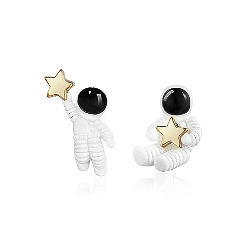 Asymmetric Astronaut Star Small Stud Earrings for Women Creative Cute Cartoon 3D White Spaceman Meteor Planet Universe Hypoallergenic Earrings for Space Science Lover Fashion Jewelry Gifts