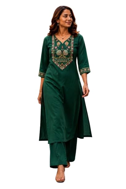 Women's Cotton Embroidered Kurta Palazzo Set | Straight Kurti with Embroidery Work | V-Neck 3/4 Sleeve | Ethnic Kurta Pant Set for Women | Casual, Office-image-35
