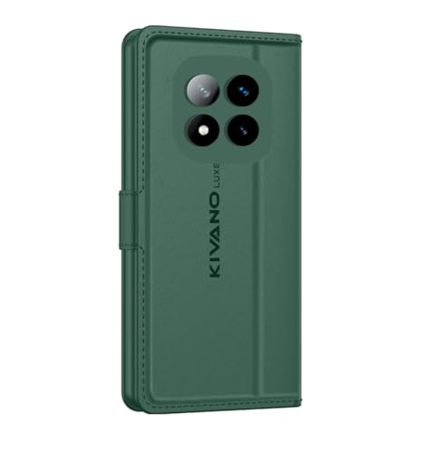 Image of KIVANO LUXE Compatible for Poco X7 5G / Redmi Note 14 Pro 5G Luxury Handmade Leather Magnetic Flip Folio Case | Card Holder & Kickstand | Slim Protective Cover | Unisex - Green