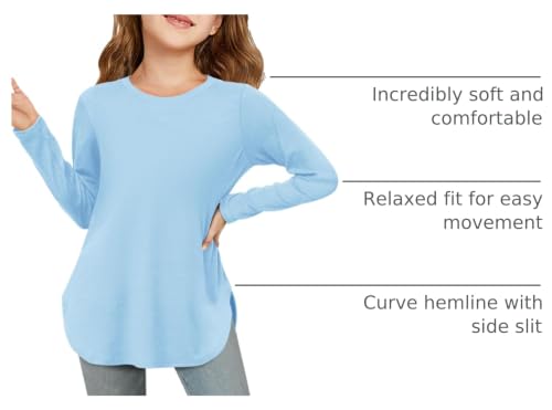 Image of Haloumoning Girls Long Sleeve T Shirts Kids Crewneck Tops 5-14 Years | Solid Color, Casual Loose Fit, Basic Tees, Curve Hem, Side Slit, Soft Tunic Tops, Fashion Clothes