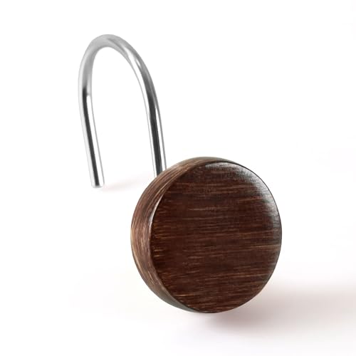 Farmhouse Boho Shower Curtain Hooks: Rustic Wood Textured Resin Button