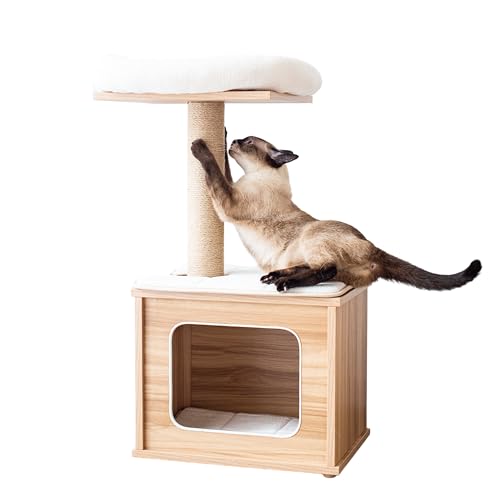 Catry 29.7' Tall 3 Level Laminated Wood Cat Tree with Large Base Condo, 2 Paded Steps, Natural Jute Scratching Post, Sturdy and Easy to Assemble for Small Cat, Brown