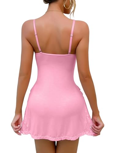 Image of Foxiny Sexy Split Side Floral Lace Trim Full Slip Night Gown Babydoll Lingerie Dress with Thong 2 piece