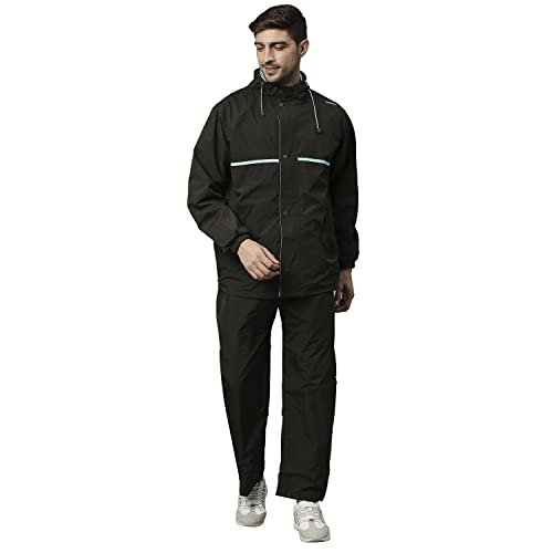 Image of ZEEL Rain Coat for Men Waterproof for Bike Riders with Adjustable Hood Along with Inner Pockets,Waterproof Raincoat with Polyester Jacket,Pants and Carrying Pouch,AZ03 Black-ScubaBlue XXL