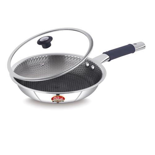 Image of Classic Steels Hexa Comb Triply Frypan with Glass Lid - 1.5 LTR (22cm) | Stainless Steel Non-Stick Fry Pan | Induction & Gas Compatible | 2.5mm Thickness | Durable Stay Cool Silicon Handle