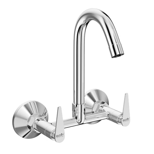 Image of Gloxy Premium Brass 2 in 1 Wall Mounted Sink Mixer with 360 Swivel Spout - Nano Lever Kitchen Sink Mixer with Chrome Finish - Hot & Cold Water Mixer for Bathroom & Kitchen Sink - 10 Years Warranty