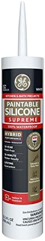 GE Supreme Paintable Silicone Caulk for Kitchen & Bathroom, White, 9.5 fl oz Cartridge, 1 Pack - 100% Waterproof Silicone Sealant, 7X Stronger Adhesion, Shrink & Crack Proof