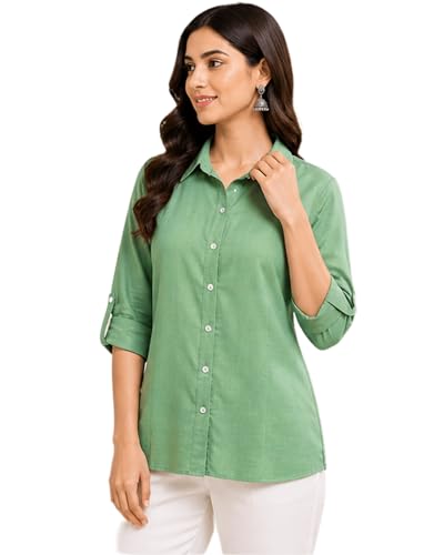 Image of Women's Button-Down Shirt, Long Sleeve, Collared Blouse, Relaxed Fit, Casual and Office Wear