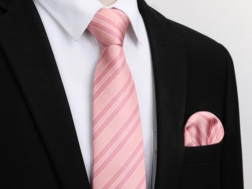 Image of HISDERN Mens Tie Striped Ties and Handkerchief Set Business Formal Woven Pocket Square Wedding College Stripe Necktie