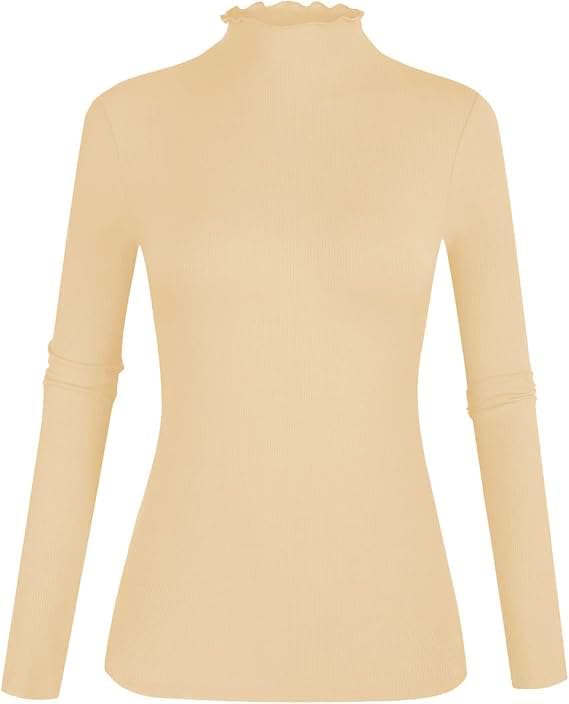 POPZONE Women's Lettuce Trim Mock Neck Long Sleeve Slim Fit Ribbed Knit Tee Shirt Tops