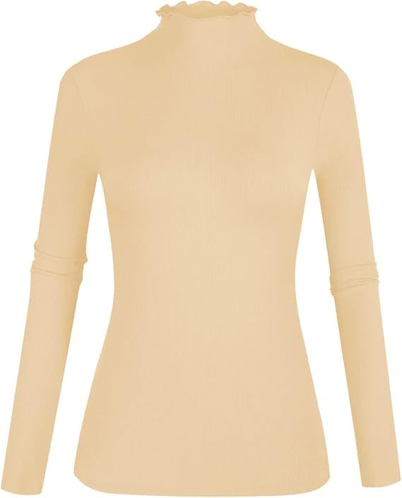 POPZONE Women's Lettuce Trim Mock Neck Long Sleeve Slim Fit Ribbed Knit Tee Shirt Tops